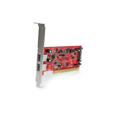StarTech.com 2 Port PCI SuperSpeed USB 3.0 Adapter Card with SATA Power - Dual Port PCI USB 3 Controller Card (PCIUSB3S22) - USB adapter - PCI-X low profile - USB 3.0 x 2 - red - for P / N: S3510BMU33, S3510SMU33, ST7300USB3B, UNI251BMU33 - 1