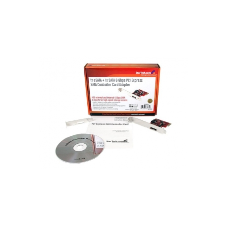 StarTech.com 1x eSATA + 1x SATA 6Gbps PCI Express SATA Controller Card - Storage controller (RAID) - SATA 6Gb / s  /  eSATA 6Gb / s - low profile - RAID 0, 1, JBOD - PCIe 2.0 x1 - red - for P / N: S251SMU33EP, S3520BU33ER, S355BU33ERM, ST521PMINT - 0