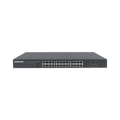 Intellinet 24-Port Gigabit Ethernet Switch with 2 SFP Ports, 24 x 10 / 100 / 1000 Mbps RJ45 Ports + 2 x SFP, IEEE 802.3az (Energy Efficient Ethernet), 19" Rackmount, Metal - Switch - unmanaged - 24 x 10 / 100 / 1000 + 2 x Gigabit SFP - desktop, rack-mountable - 4