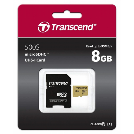 Transcend 500S - Flash memory card (microSDHC to SD adapter included) - 8 GB - Video Class V30  /  UHS-I U3  /  Class10 - microSDHC - 1