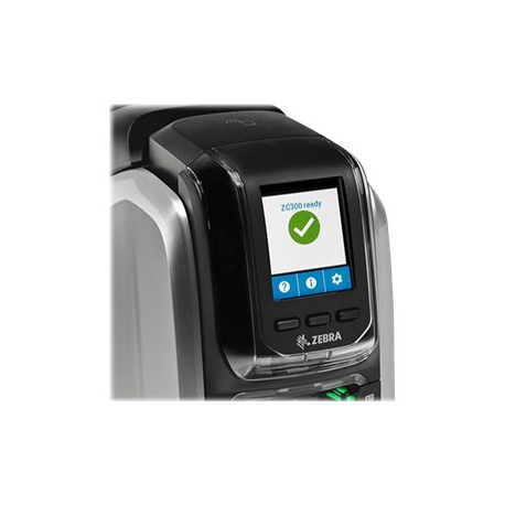 Zebra ZC300 - Plastic card printer - colour - dye sublimation / thermal transfer - CR-80 Card (85.6 x 54 mm) - 300 dpi - up to 900 cards / hour (mono)  /  up to 200 cards / hour (colour) - capacity: 100 cards - USB 2.0, LAN - 3