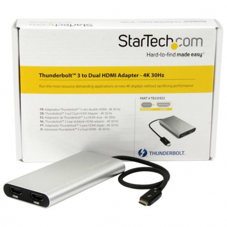 StarTech.com Thunderbolt 3 to Dual HDMI 2.0 Adapter - 4K 60Hz Dual Monitor TB3 HDMI Video Adapter - Thunderbolt 3 Certified -Mac & Windows (TB32HD24K60) - Adapter cable - USB-C male to HDMI female - 28.4 m - silver - active, 4K60Hz (4096 x 2160) support - for P / N: TB33A1C - 1