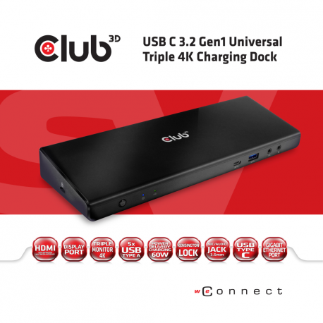 Club3D SenseVision Connect USB C 3.2 Gen1 Universal Triple 4K Charging Dock - Docking station - USB-C 3.2 - HDMI, DP - GigE - 0