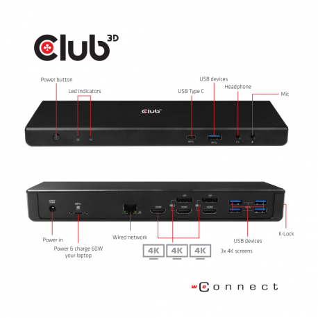 Club3D SenseVision Connect USB C 3.2 Gen1 Universal Triple 4K Charging Dock - Docking station - USB-C 3.2 - HDMI, DP - GigE - 1