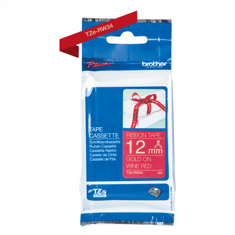 Brother TZe-RW34 - Gold on wine red - Roll (1.2 cm x 4 m) 1 cassette(s) ribbon tape - for Brother PT-D600, H110; P-Touch PT-D450; P-Touch Cube PT-P300; P-Touch Embellish PT-D215 - 1