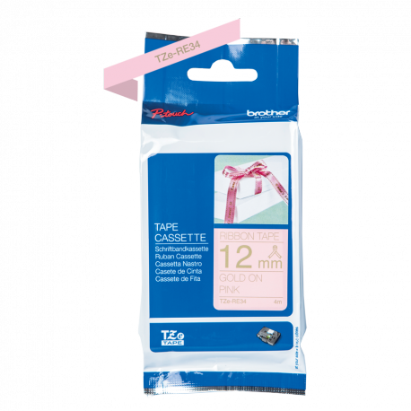Brother TZe-RE34 - Gold on pink - Roll (1.2 cm x 4 m) 1 cassette(s) ribbon tape - for Brother PT-D600, H110; P-Touch PT-D450; P-Touch Cube PT-P300; P-Touch Embellish PT-D215 - 1