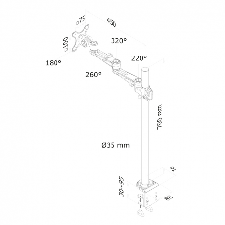 Neomounts by Newstar FPMA-D935POLE70 - Mounting kit - for LCD display (full-motion) - silver - screen size: 10"-30" - clamp mountable, desk-mountable - 2