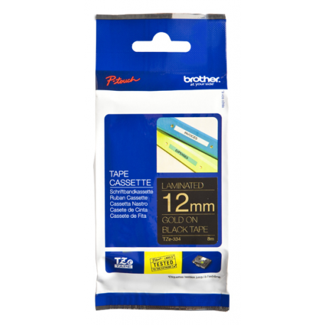 Brother TZe-334 - Standard adhesive - gold on black - Roll (1.2 cm x 8 m) 1 cassette(s) laminated tape - for Brother PT-D210, D600, H110; P-Touch PT-1005, 1880, E800, H110; P-Touch Cube Plus PT-P710 - 2