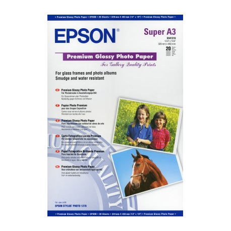 Epson Premium - Glossy - Super A3 / B (330 x 483 mm) - 255 g / m² - 20 sheet(s) photo paper - for SureColor SC-P700, P7500, P900, P9500, T2100, T3100, T3400, T3405, T5100, T5400, T5405 - 1