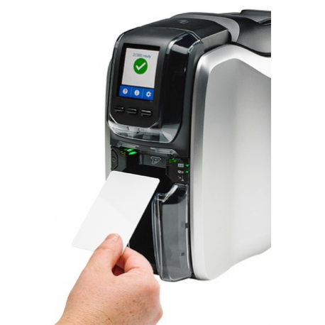 Zebra ZC300 - Plastic card printer - colour - dye sublimation / thermal transfer - CR-80 Card (85.6 x 54 mm) - 300 dpi - up to 900 cards / hour (mono)  /  up to 200 cards / hour (colour) - capacity: 100 cards - USB 2.0, LAN - 3