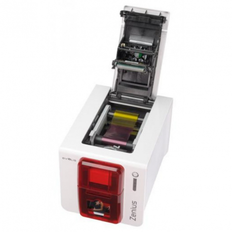 Evolis Zenius Expert Line - Plastic card printer - colour - dye sublimation / thermal transfer - CR-80 Card (85.6 x 54 mm) - 300 dpi - up to 500 cards / hour (mono)  /  up to 150 cards / hour (colour) - capacity: 50 cards - USB, LAN - fire red - 4