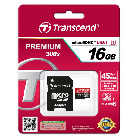 Transcend Premium - Flash memory card (microSDHC to SD adapter included) - 16 GB - UHS-I U1  /  Class10 - microSDHC UHS-I - 3