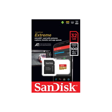 SanDisk Extreme - Flash memory card (microSDHC to SD adapter included) - 32 GB - A1  /  Video Class V30  /  UHS-I U3  /  Class10 - microSDHC UHS-I - 4