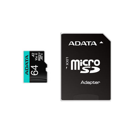 ADATA Premier Pro V30S - Flash memory card (SD adapter included) - 64 GB - A2  /  Video Class V30  /  UHS-I U3  /  Class10 - microSDXC UHS-I - 2