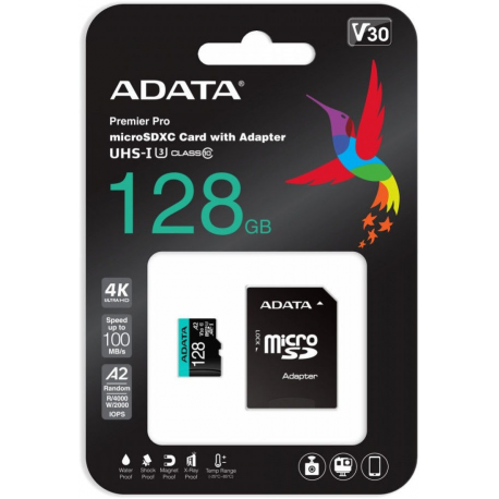ADATA Premier Pro V30S - Flash memory card (SD adapter included) - 128 GB - A2  /  Video Class V30  /  UHS-I U3  /  Class10 - microSDXC UHS-I - 1