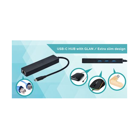 i-Tec USB C Slim 3-port HUB with Gigabit Ethernet adapter - Hub - 3 x SuperSpeed USB 3.0 + 1 x 10 / 100 / 1000 - desktop - 9