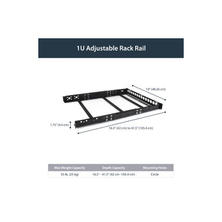 StarTech.com 1U Universal Server Rack Rails - TAA Compliant Adjustable Depth Server Mounting Rails - 19inch Rack Mount Rails (UNIRAILS1U) - Rack rail - black - 1U - 19" - for P / N: RK2433BKM, RK2537BKM, RK3236BKF, RK4236BKB, RK4242BK24, RK4242BK30, RKQMCAB12V2 - 6