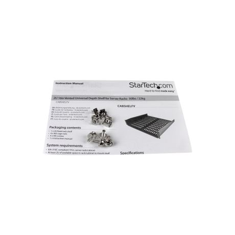 StarTech.com 1U Server Rack Shelf, 2U 16in Universal Fixed Vented Network Rack Shelf / Cantilever Tray for 19" AV / Data / Network Equipment Enclosure w / Cage Nuts & Screws, 50lbs Weight Cap. - 2U Network Rack Shelf (CABSHELFV) - Rack shelf - black - 2U - 19" - for P / N: RK2433BKM, RK2537BKM, RK3236BKF, RK4236BKB, RK4242BK24, RK4242BK30, RKQMCAB12V2 - 2