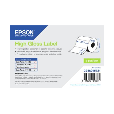 Epson - High-glossy - permanent acrylic adhesive - 76 x 127 mm 960 label(s) (1 roll(s) x 960) die cut labels - for ColorWorks C7500, C7500G, CW-C6000Ae, CW-C6000Pe, TM-C7500G - 1
