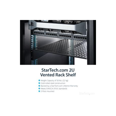 StarTech.com 1U Server Rack Shelf, 2U 22in Universal Fixed Vented Network Rack Shelf / Cantilever Tray for 19" AV / Data / Network Equipment Enclosure w / Cage Nuts & Screws, 50lbs Weight Cap. - 2U Network Rack Shelf (CABSHELF22V) - Rack shelf - black - 2U - 22" - for P / N: RK1233BKM, RK2433BKM, RK2537BKM, RK3236BKF, RK4236BKB, RK4242BK24, RK4242BK30 - 4