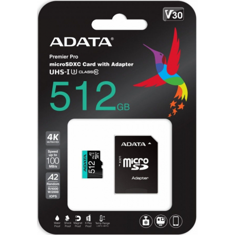 ADATA Premier Pro V30S - Flash memory card (SD adapter included) - 512 GB - A2  /  Video Class V30  /  UHS-I U3  /  Class10 - microSDXC UHS-I - 1