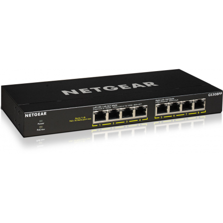 NETGEAR GS308PP - Switch - unmanaged - 8 x 10/100/1000 (PoE+) - desktop, wall-mountable - PoE+ (83 W) - DC power - 5