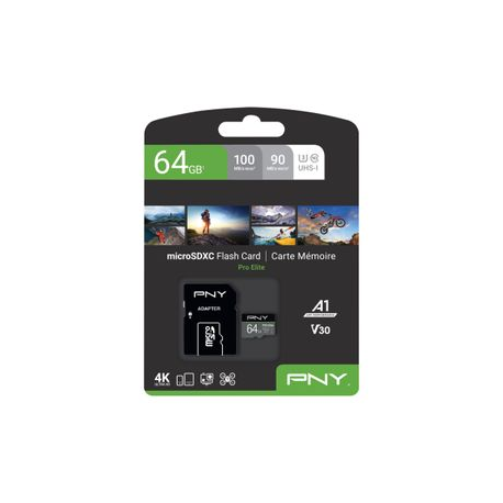 PNY PRO Elite - Flash memory card (microSDXC to SD adapter included) - 64 GB - A1  /  Video Class V30  /  UHS-I U3  /  Class10 - microSDXC UHS-I - 3