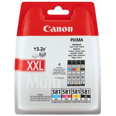 Canon CLI-581XXL C / M / Y / BK Multi Pack - 4-pack - 11.7 ml - Very High Yield - black, yellow, cyan, magenta - original - ink tank - for PIXMA TS6251, TS6350, TS6351, TS705, TS8252, TS8350, TS8351, TS8352, TS9550, TS9551 - 1
