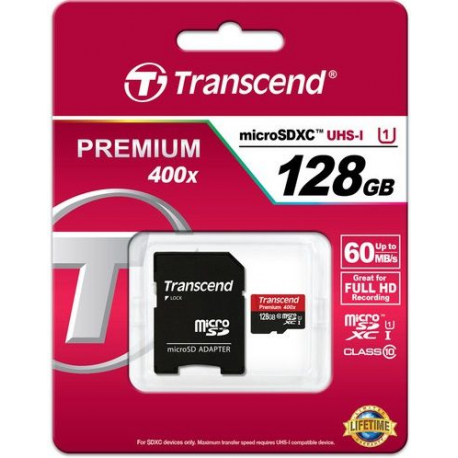 Transcend Premium - Flash memory card (microSDXC to SD adapter included) - 128 GB - UHS Class 1  /  Class10 - 300x - microSDXC - 2