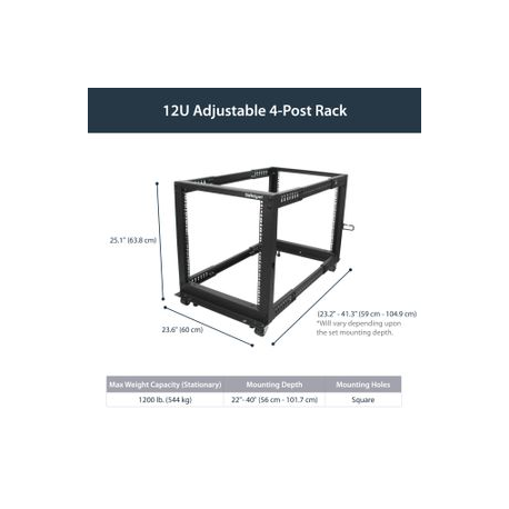 StarTech.com 12U 19" Open Frame Server Rack, 4 Post Adjustable Depth 23-41" Mobile, Free Standing Rolling Network / Computer Equipment Data Rack, Dell PowerEdge, HP ProLiant ThinkServer - Adjustable Server Rack (4POSTRACK12U) - Rack open frame - black - 12U - for P / N: CABSCREWM5B, CABSCREWSM5, CABSCREWSM5B, CABSCREWSM62, CABSCREWSM6B, CABSCRWS1224 - 10
