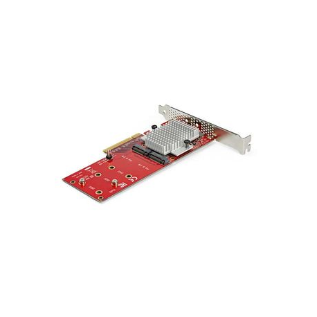 StarTech.com Dual M.2 PCIe SSD Adapter Card, x8 / x16 Dual NVMe or AHCI M.2 SSD to PCI Express 3.0, M.2 NGFF PCIe (M-Key) Compatible, Vented, Supports 2242, 2260, 2280, JBOD, Mac & PC - Full / Low-Profile Brackets (PEX8M2E2) - Interface adapter - M.2 - Expansion Slot to M.2 - M.2 Card - low profile - PCIe 3.0 x8 - red - TAA Compliant - 1