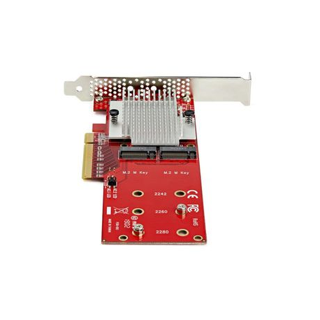 StarTech.com Dual M.2 PCIe SSD Adapter Card, x8 / x16 Dual NVMe or AHCI M.2 SSD to PCI Express 3.0, M.2 NGFF PCIe (M-Key) Compatible, Vented, Supports 2242, 2260, 2280, JBOD, Mac & PC - Full / Low-Profile Brackets (PEX8M2E2) - Interface adapter - M.2 - Expansion Slot to M.2 - M.2 Card - low profile - PCIe 3.0 x8 - red - TAA Compliant - 3