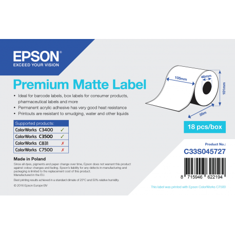 Epson Premium - Paper - matte - permanent acrylic adhesive - bright white - Roll A6 (10.5 cm x 35 m) 1 roll(s) labels - for ColorWorks CW-C4000E (BK), CW-C4000E (MK); TM C3500 - 1