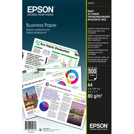 Epson Business Paper - A4 (210 x 297 mm) - 80 g / m² - 500 sheet(s) plain paper - for EcoTank ET-2850, 2851, 2856, 4850, L6460, L6490; WorkForce Pro RIPS WF-C879, WF-C5790 - 1