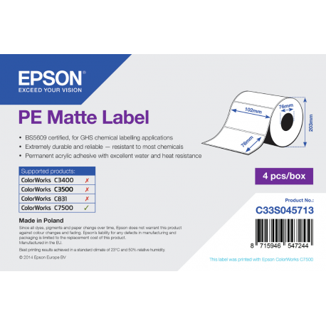 Epson PE - Matte - permanent acrylic adhesive - 102 x 76 mm 6280 label(s) (4 roll(s) x 1570) die cut labels - for ColorWorks C7500, C7500G, CW-C6000Ae, CW-C6000Pe, TM-C7500 - 3