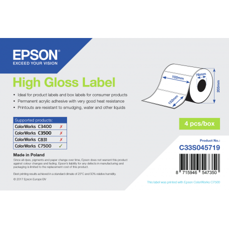 Epson - High-glossy - 102 x 152 mm 800 label(s) (1 roll(s) x 800) die cut labels - for ColorWorks C7500, C7500G, CW-C6000Ae, CW-C6000Pe, TM-C7500G - 2