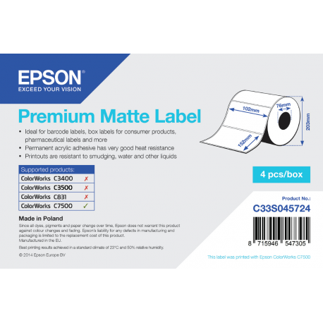 Epson Premium - Matte - permanent acrylic adhesive - 102 x 152 mm 3200 label(s) (4 roll(s) x 800) die cut labels - for ColorWorks C7500, C7500G, CW-C6000Ae, CW-C6000Pe, TM-C7500 - 1