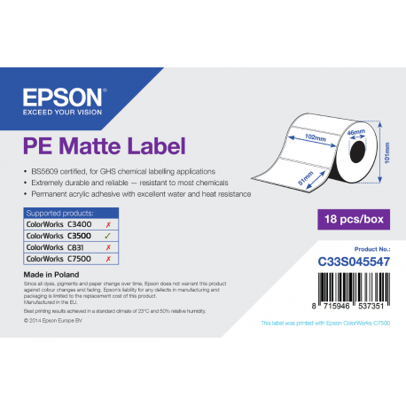 Epson PE - Matte - 102 x 51 mm 535 label(s) (1 roll(s) x 535) die cut labels - for ColorWorks CW-C4000E (BK), CW-C4000E (MK); TM C3500 - 1