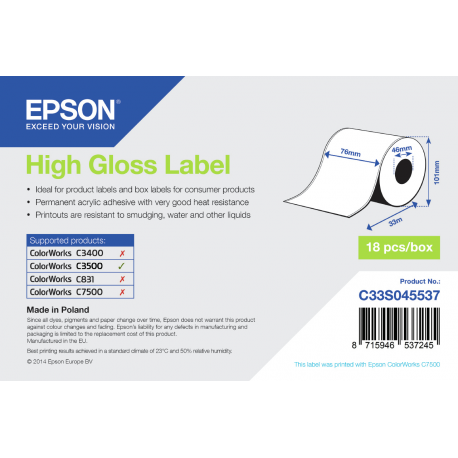 Epson - High-glossy - Roll (7.6 cm x 33 m) 1 roll(s) labels - for ColorWorks CW-C4000E (BK), CW-C4000E (MK); TM C3500 - 1