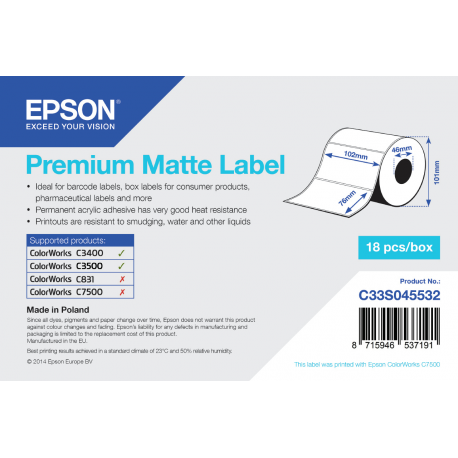 Epson Premium - Matte - 102 x 76 mm 440 label(s) (1 roll(s) x 440) die cut labels - for Epson TM-C3400-LT; ColorWorks CW-C4000E; TM C3400, C3400BK, C3400E, C3400U, C3500 - 2