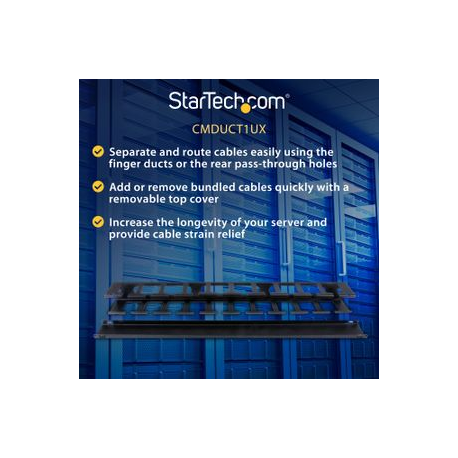 StarTech.com 1U Horizontal Finger Duct Rack Cable Management Panel with Cover - Server Rack Cable Duct - Rack Cable Organizer  /  Manager (CMDUCT1UX) - Rack cable management panel - 1U - 19" - for P / N: RACK-18U-20-WALL-OA, RACK-21U-20-WALL-OA, RACK-24U-20-WALL-OA, RK1836BKF, RK3236BKF - 7
