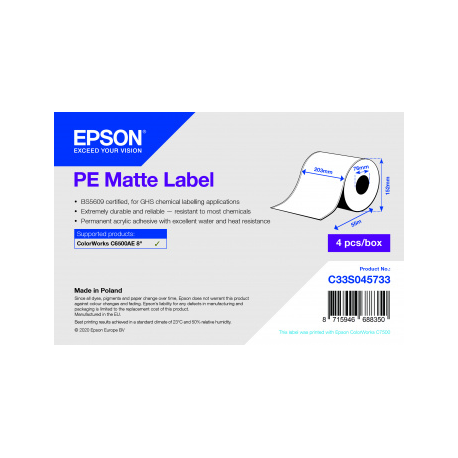Epson PE - Synthetic - matte - permanent acrylic adhesive - white - Roll (20.3 cm x 55 m) 4 roll(s) continuous labels - for ColorWorks CW-C6500Ae, CW-C6500Pe - 1