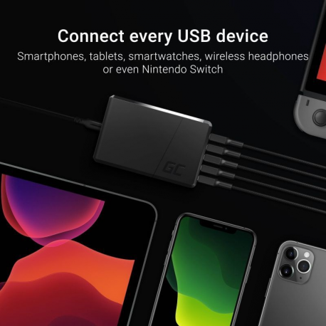 Green Cell ChargeSource 5 - Power adapter - 52 Watt - 2.4 A - QC 3.0 / Fast Charge / Adaptive Fast Charging / GC Ultra Charge / Apple Fast Charge - 5 output connectors (USB) - black - 3