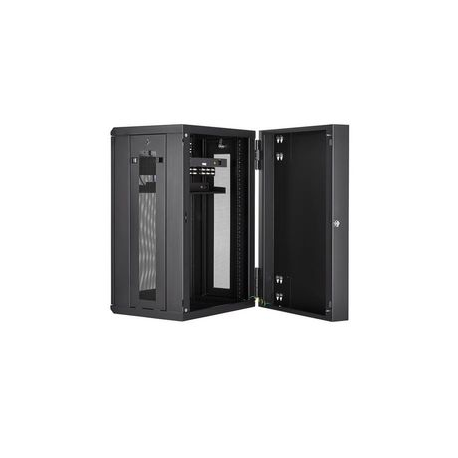 StarTech.com 18U 19" Wall Mount Network Cabinet, 16" Deep Hinged Locking IT Network Switch Depth Enclosure, Assembled Vented Computer Equipment Data Rack with Shelf & Flexible Side Panels - 18U Vented Cabinet (RK1820WALHM) - Rack enclosure cabinet - wall mountable - black - 18U - 4