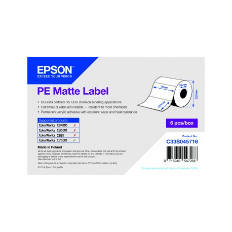 Epson PE - Matte - permanent acrylic adhesive - 76 x 127 mm 5760 label(s) (6 roll(s) x 960) die cut labels - for ColorWorks C7500, C7500G, CW-C6000Ae, CW-C6000Pe, TM-C7500 - 1