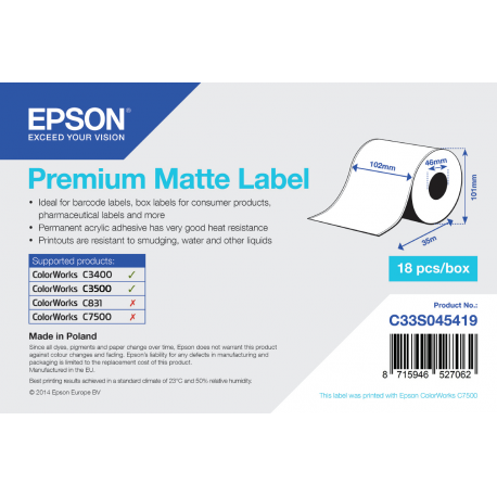 Epson Premium - Matte - Roll (10.2 cm x 35 m) 1 roll(s) label continuous paper - for Epson TM-C3400-LT; ColorWorks CW-C4000E (BK), CW-C4000E (MK); TM C3400, C3400BK, C3500 - 2