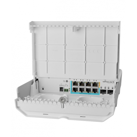 MikroTik netPower Lite 7R - Switch - 7 x 10 / 100 / 1000 (passive / reverse PoE) + 1 x 10 / 100 / 1000 (PoE output) + 2 x 10 Gigabit SFP+ - wall-mountable, pole-mountable, ceiling-mountable - Reverse PoE - DC power - 2