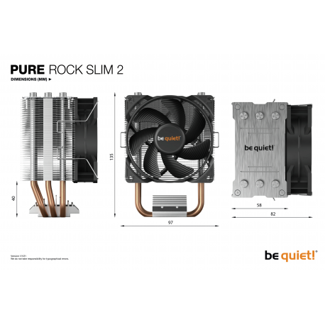 be quiet! Pure Rock Slim 2 - Processor cooler - (for: LGA1155, AM3+, LGA1150, LGA1151, AM4, LGA1200) - aluminium with aluminium/copper base - 92 mm - silver - 3