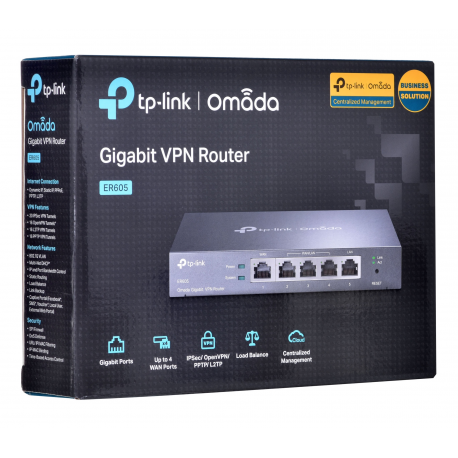 TP-Link ER605 SafeStream™ Gigabit Multi-WAN VPN Router PORT: 1× Gigabit RJ45 WAN Port, 3× Gigabit RJ45 WAN/LAN Ports, 1× Gigabit - 10