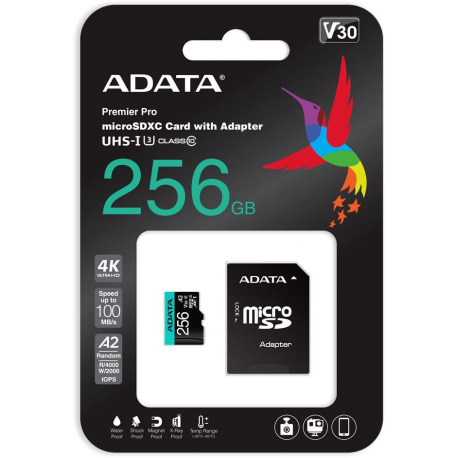 ADATA Premier Pro V30S - Flash memory card (SD adapter included) - 256 GB - A2  /  Video Class V30  /  UHS-I U3  /  Class10 - microSDXC UHS-I - 1